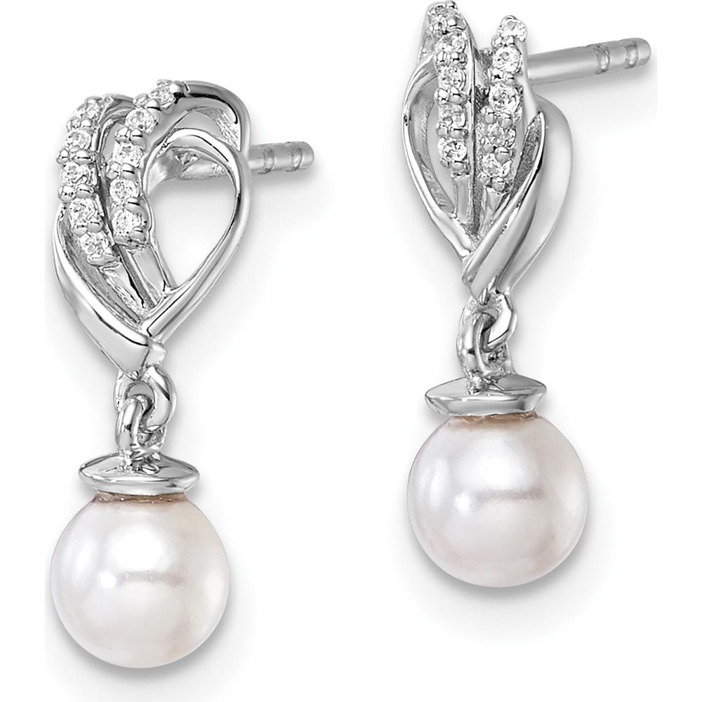 14K White Gold Diamond and Freshwater Cultured Pearl Dangle Earrings - 1/15 Carats Total Diamond Weight by Monteluci Fine Jewelry