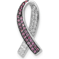 14K White Gold Diamond and Lab Created Pink Sapphire Awareness Ribbon Pendant with Rhodium Plating by Lumare Gioia