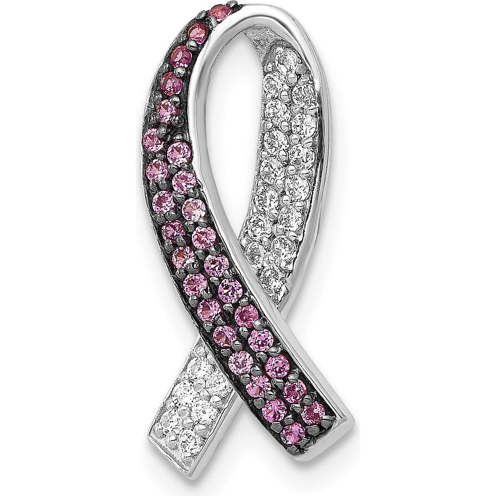 14K White Gold Diamond and Lab Created Pink Sapphire Awareness Ribbon Pendant with Rhodium Plating by Lumare Gioia