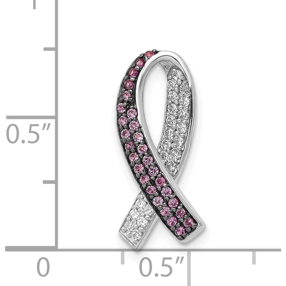 14K White Gold Diamond and Lab Created Pink Sapphire Awareness Ribbon Pendant with Rhodium Plating by Lumare Gioia