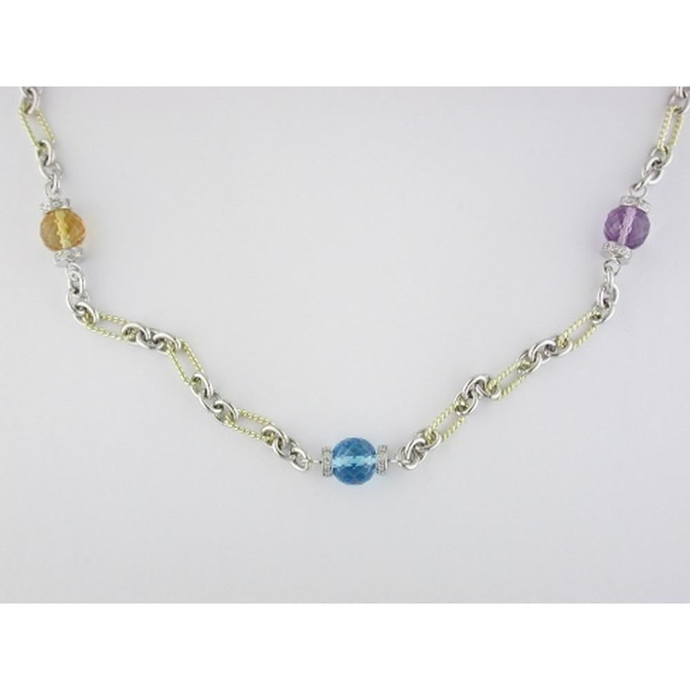 14K White Gold Diamond and Multi-Color Briolette Gemstone Station Necklace with Blue Topaz, Amethyst and Round Diamonds - 0.75 Carat Total Diamond Weight and 20.00 Carat Total Semi-Precious Gemstone Weight - Royal Jewelry