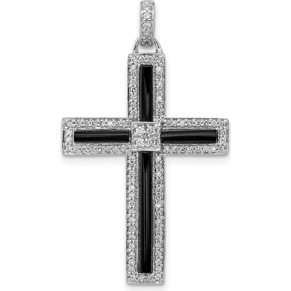 14K White Gold Diamond and Onyx Cross Pendant - 1/3 Carat Total Diamond Weight by Monteluci Fine Jewelry