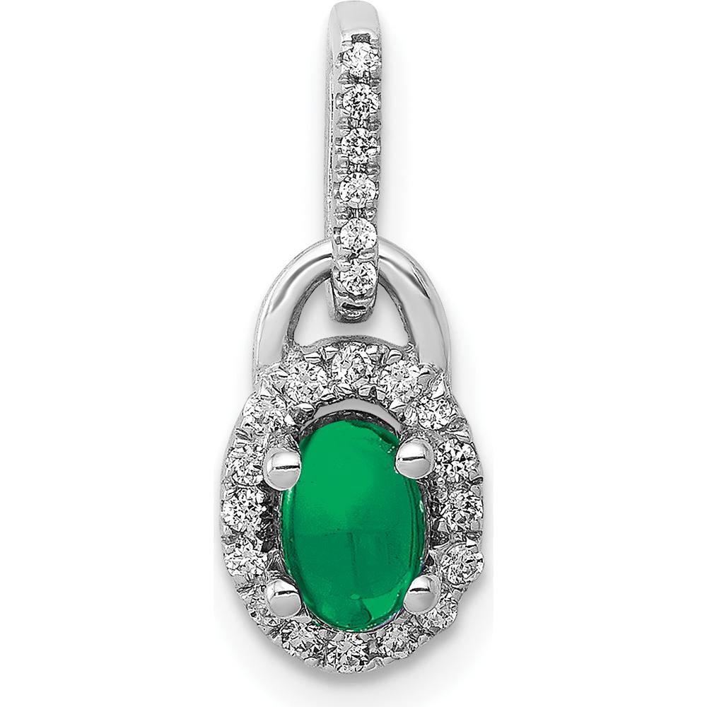 14K White Gold Diamond and Oval Cabochon Emerald Halo Pendant - 0.715 Carat Emerald, 0.010 Carat Diamond Total Weight by Monteluci Fine Jewelry