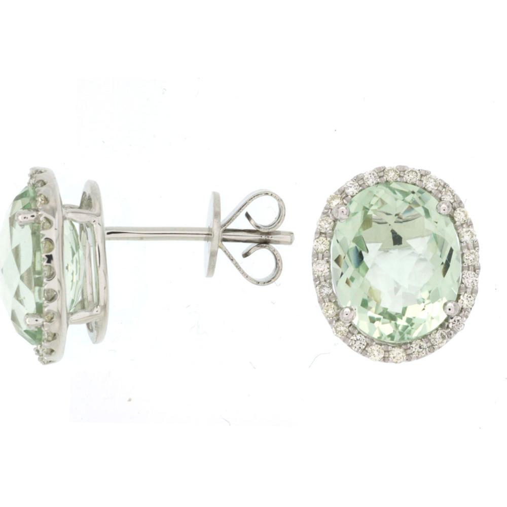 14K White Gold Diamond & Oval Green Amethyst Stud Earrings - 4.90 Carats Total Green Amethyst Carat Weight