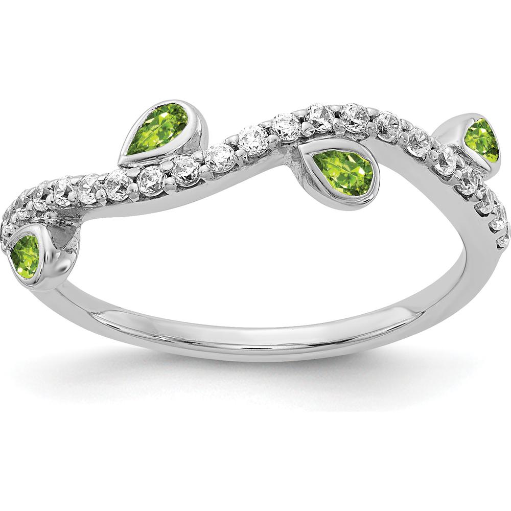 14K White Gold Diamond and Pear Peridot Curved Ring with Natural Green Peridots and Round Diamonds - 0.078 Carat Total Gemstone Weight by 0