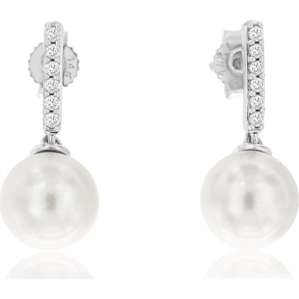 14K White Gold Diamond and Pearl Drop Earrings with Round Diamond Accents - 0.10 Carat Total Diamond Weight - Royal Jewelry