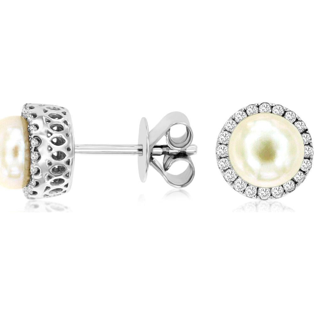 14K White Gold Diamond & Pearl Halo Earrings - 0.25 Carats Total Diamond Weight