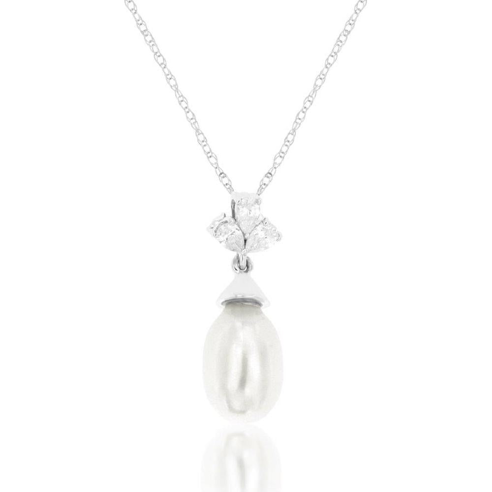 14K White Gold Diamond & Pearl Pendant Necklace with 0.15 Carat Diamond Accents and Single Pearl - Royal Jewelry