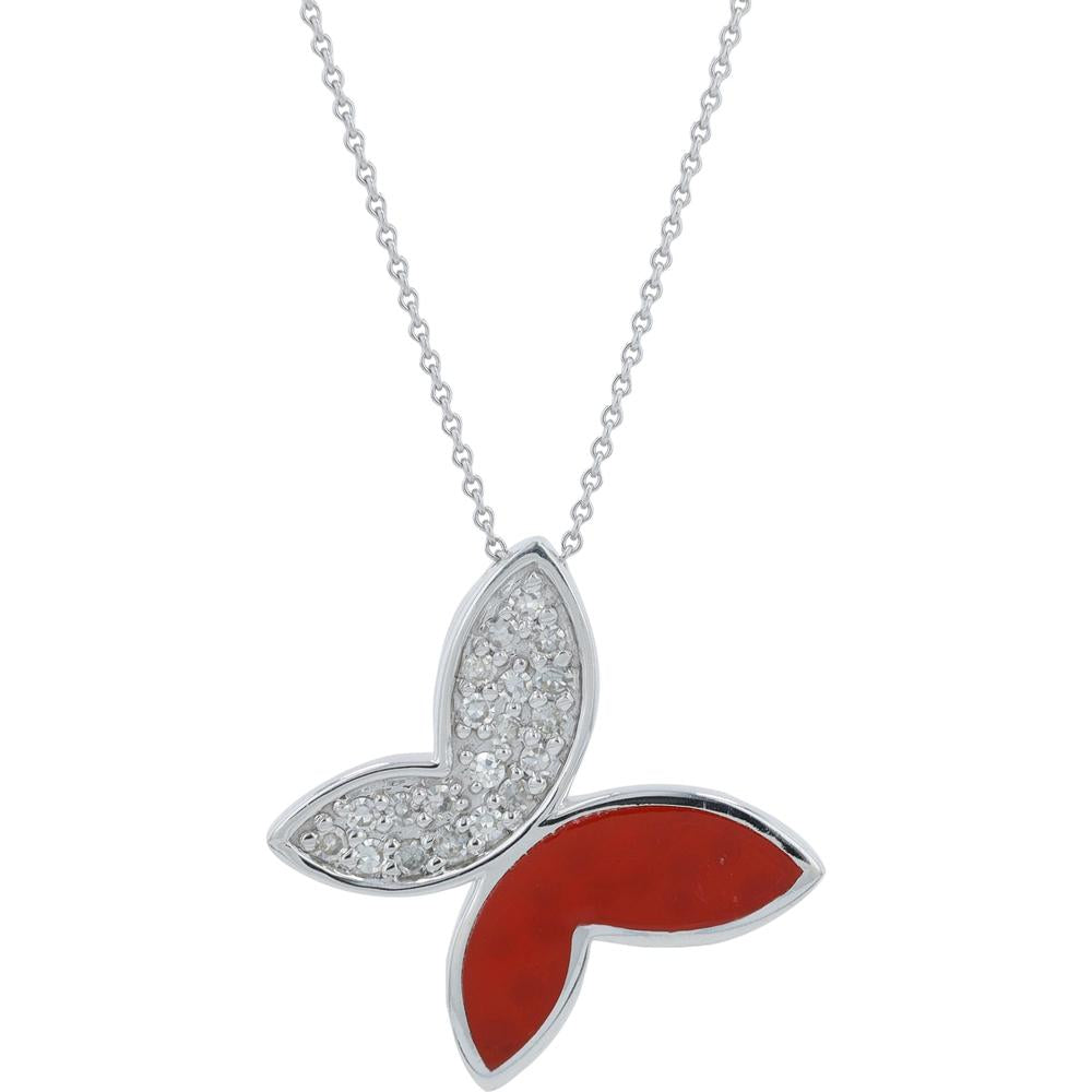 14K White Gold Diamond & Red Enamel Butterfly Necklace - 0.16 Carat Total Diamond Weight