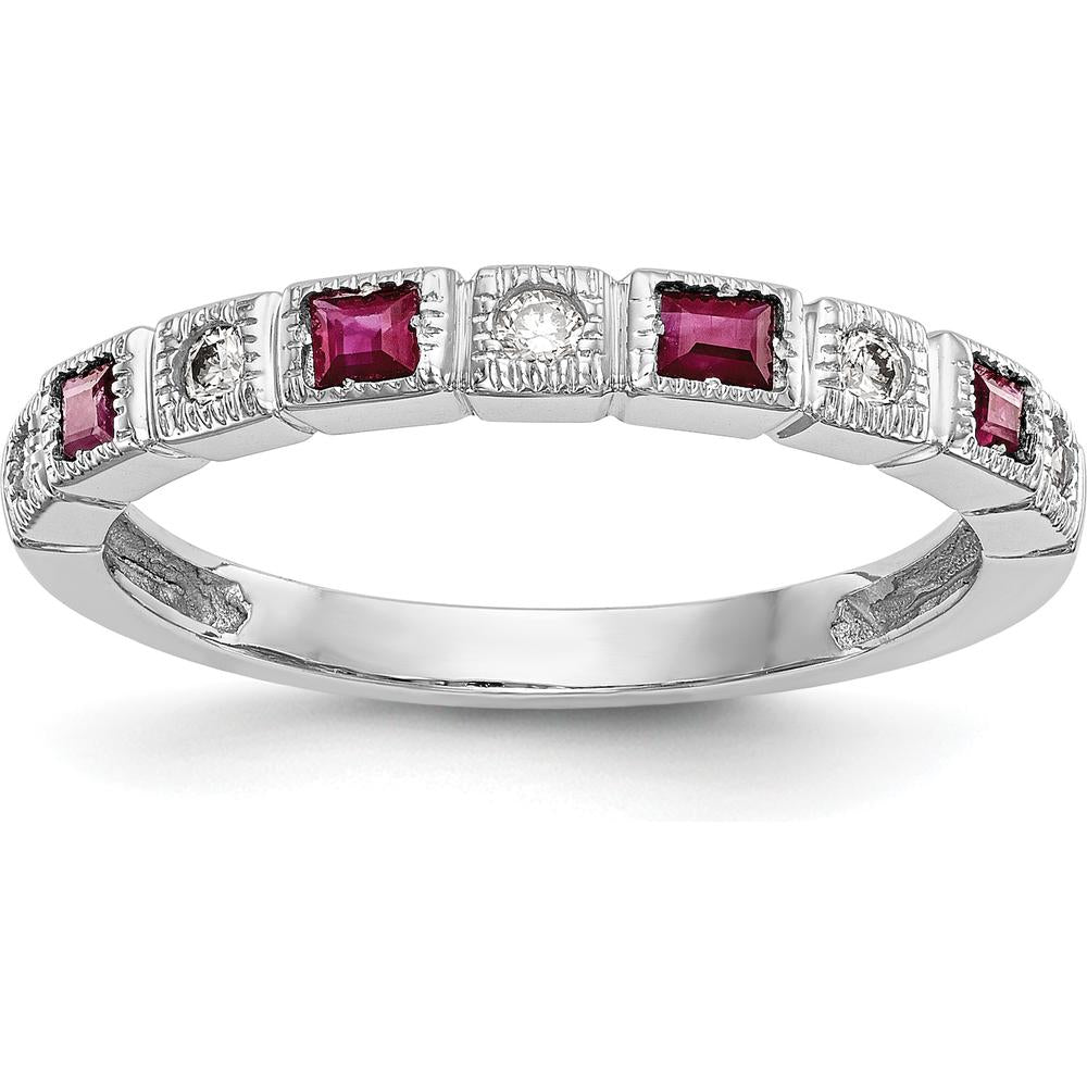 14K White Gold Diamond and Ruby Band with Baguette and Round Stones - 0.07 Carat Total Diamond and Ruby Weight by 0