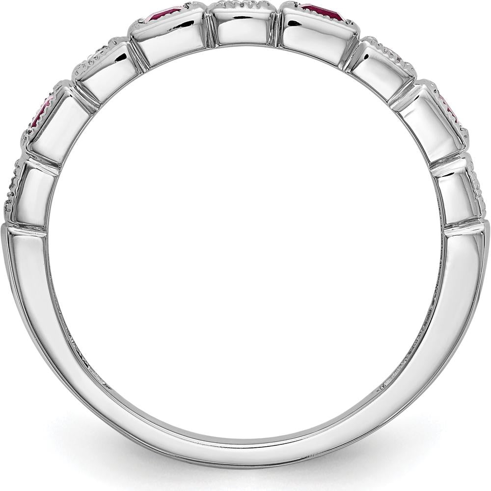 14K White Gold Diamond and Ruby Band with Baguette and Round Stones - 0.07 Carat Total Diamond and Ruby Weight by 0