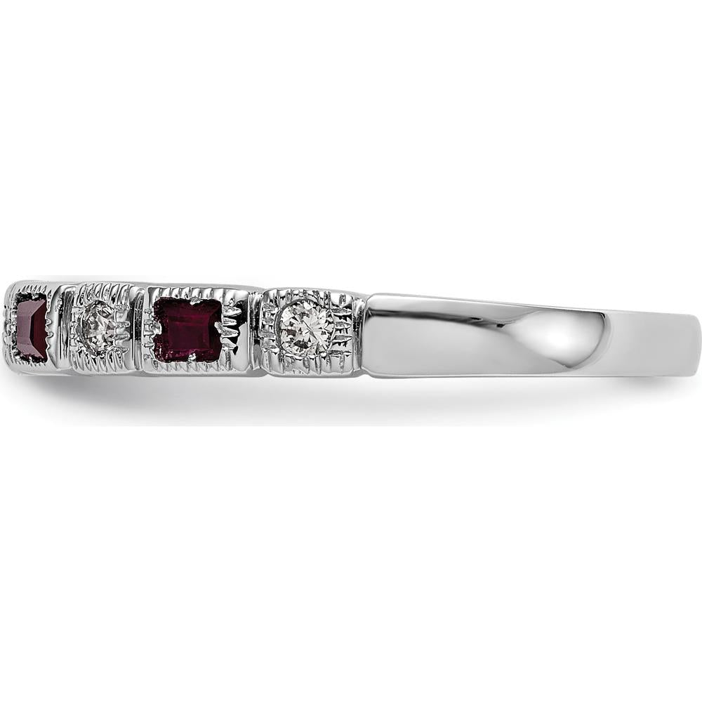 14K White Gold Diamond and Ruby Band with Baguette and Round Stones - 0.07 Carat Total Diamond and Ruby Weight by 0