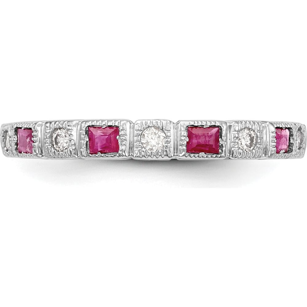 14K White Gold Diamond and Ruby Band with Baguette and Round Stones - 0.07 Carat Total Diamond and Ruby Weight by 0