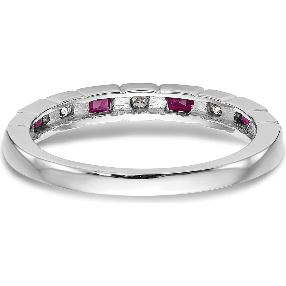 14K White Gold Diamond and Ruby Band with Baguette and Round Stones - 0.07 Carat Total Diamond and Ruby Weight by 0