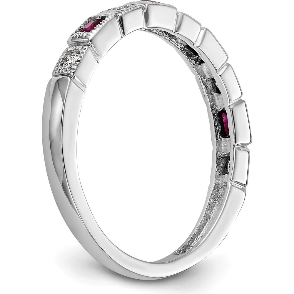 14K White Gold Diamond and Ruby Band with Baguette and Round Stones - 0.07 Carat Total Diamond and Ruby Weight by 0