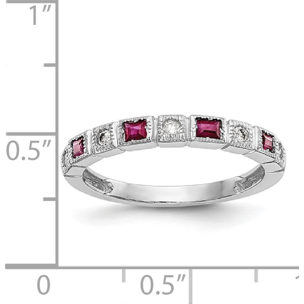 14K White Gold Diamond and Ruby Band with Baguette and Round Stones - 0.07 Carat Total Diamond and Ruby Weight by 0