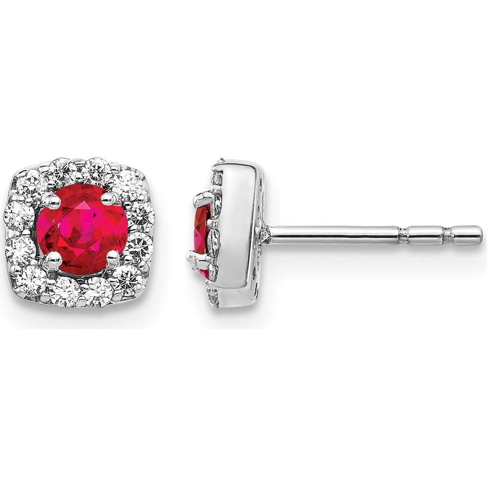 14K White Gold Diamond and Ruby Square Halo Earrings - 0.60 Carat Total Ruby Weight, 0.22 Carat Total Diamond Weight by Monteluci Fine Jewelry