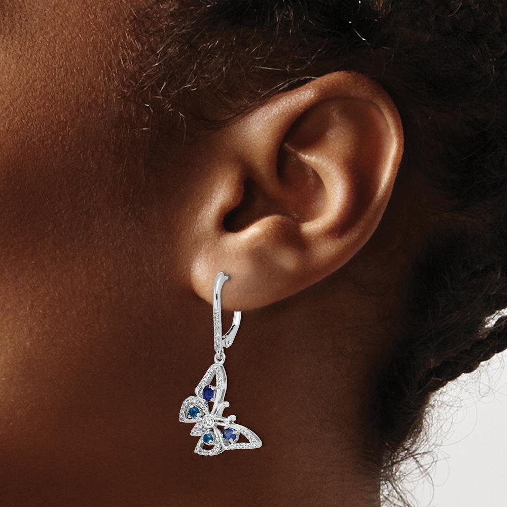 14K White Gold Diamond and Sapphire Butterfly Drop Earrings - 0.31 Carat Total Gem Weight by Monteluci Fine Jewelry