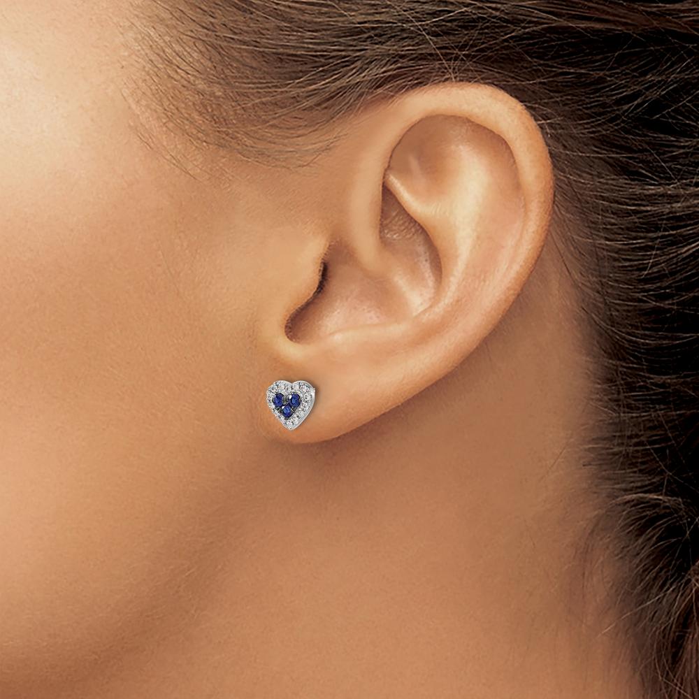 14K White Gold Diamond and Sapphire Heart Stud Earrings - 0.12 Carat Total Sapphire Weight, 0.14 Carat Total Diamond Weight by Monteluci Fine Jewelry