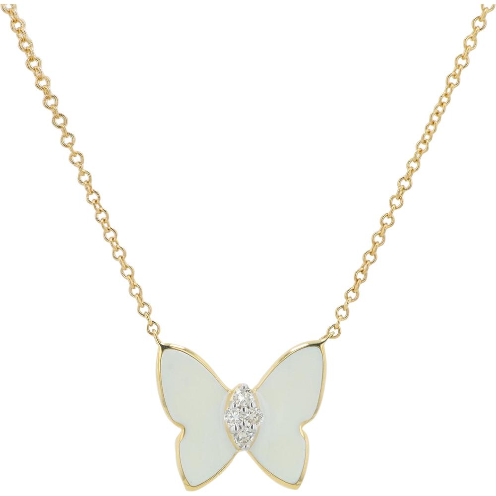 14K White Gold Diamond & White Enamel Butterfly Necklace - 0.05 Carat Diamond Total Weight
