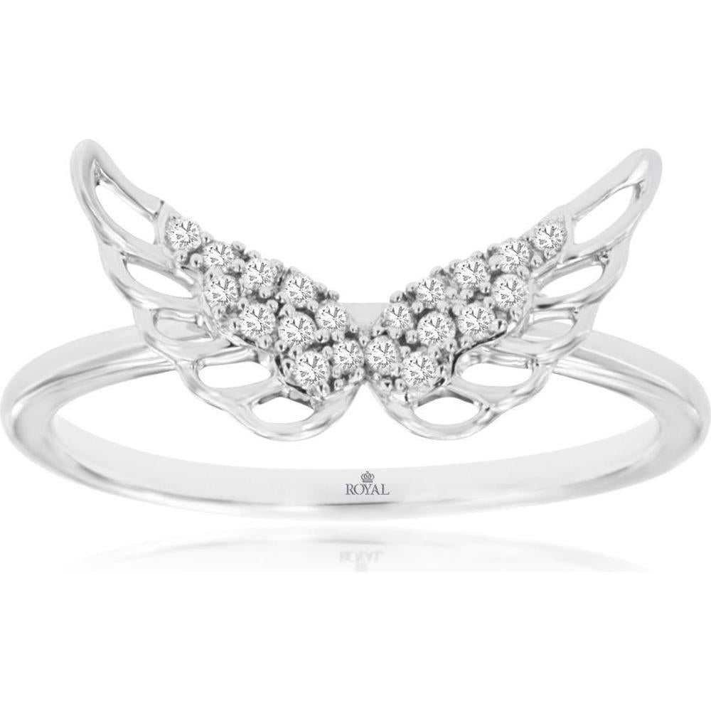14K White Gold Diamond Angel Wing Ring with Round Prong Set Stones - 0.10 Carat Total Diamond Weight - Royal Jewelry