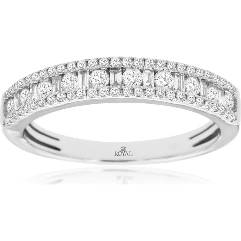 14K White Gold Diamond Band with Alternating Round and Baguette Cut Diamonds and Pavé Borders - 0.50 Carat Total Diamond Weight - Royal Jewelry