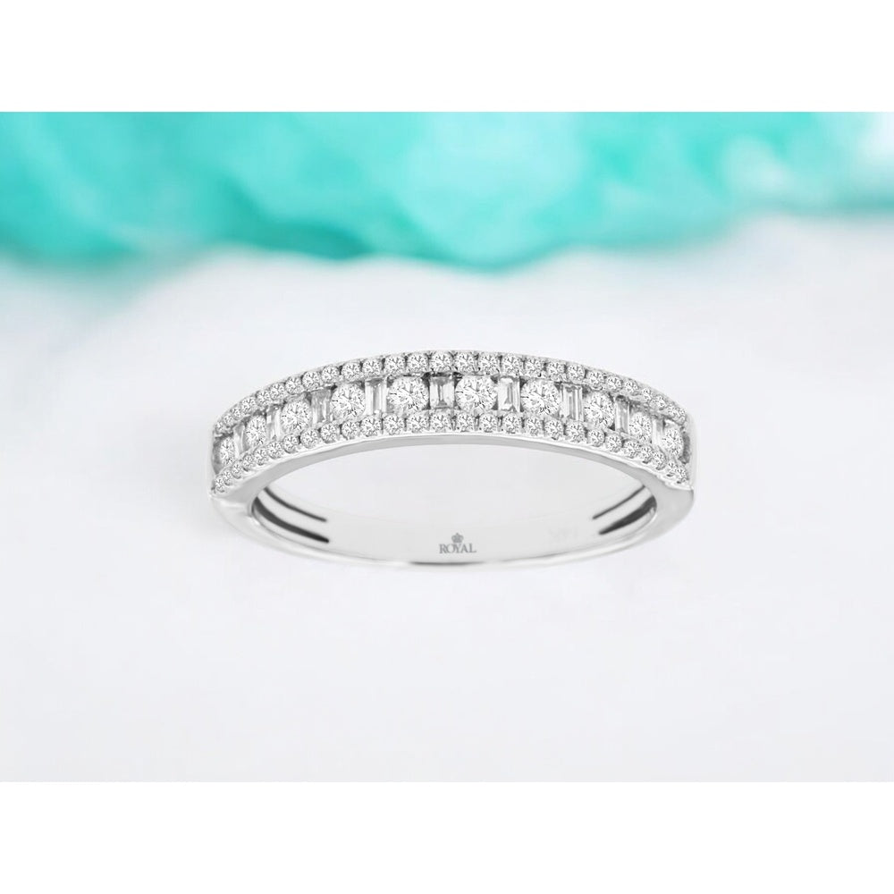 14K White Gold Diamond Band with Alternating Round and Baguette Cut Diamonds and Pavé Borders - 0.50 Carat Total Diamond Weight - Royal Jewelry