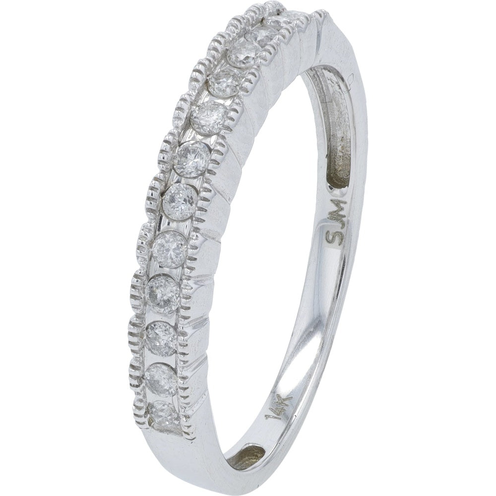 14K White Gold Diamond Band with Milgrain Edge and Prong Set Round Diamonds - 0.20 Carat Total Diamond Weight