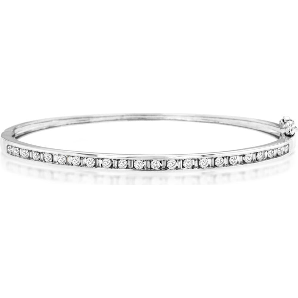 14K White Gold Diamond Bangle with 1.00 Carat Total Weight Round Brilliant Cut Diamonds in Bar Setting - Royal Jewelry