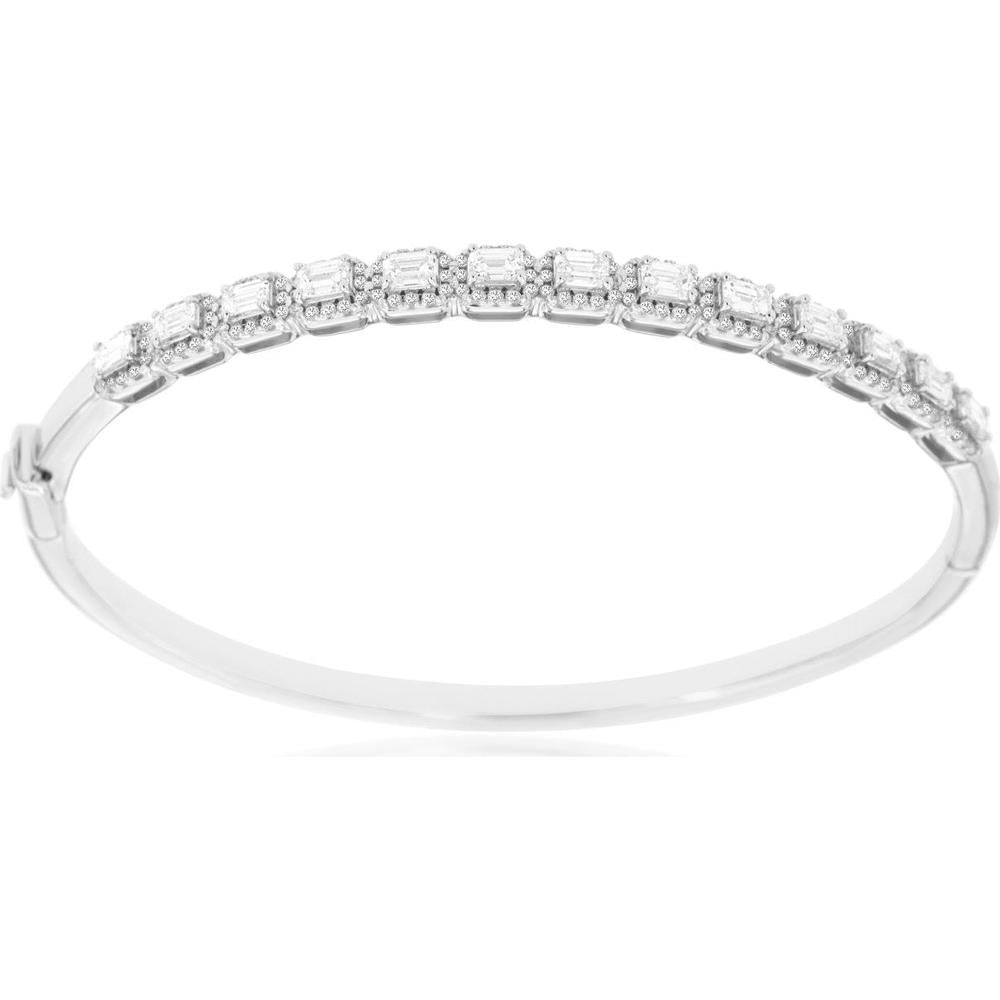 14K White Gold Diamond Bangle with Halo-Framed Emerald Cut and Round Diamonds - 1.90 Carat Total Diamond Weight - Royal Jewelry