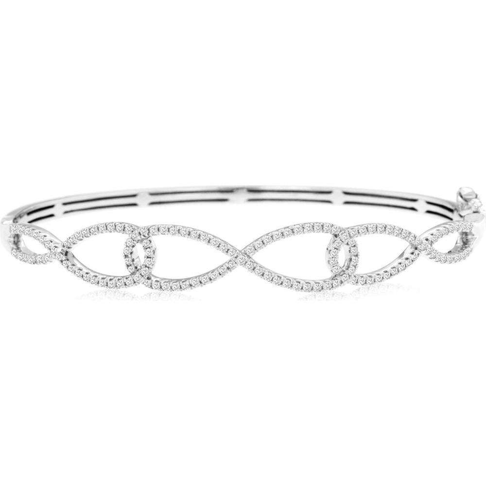 14K White Gold Diamond Bangle with Oval Links and Milgrain Detail - 0.73 Carats Total Diamond Weight