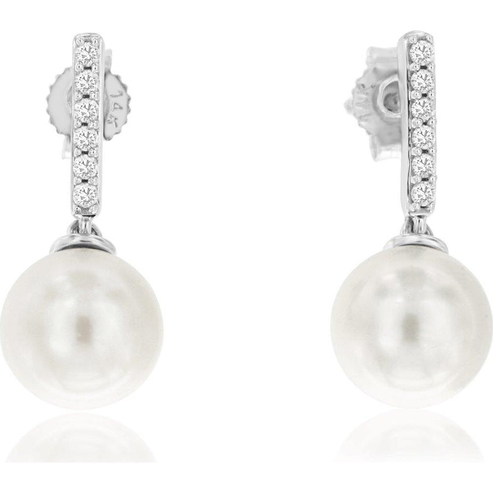 14K White Gold Diamond Bar and Pearl Drop Earrings - 0.10 Carat Total Diamond Weight - Royal Jewelry