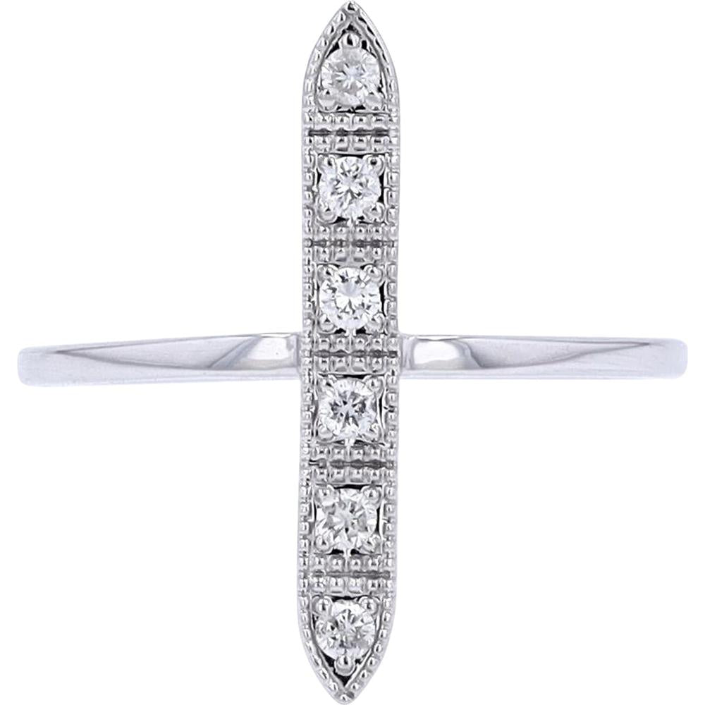 14K White Gold Diamond Bar Ring with Milgrain Detail - 0.11 Carats Total Diamond Weight