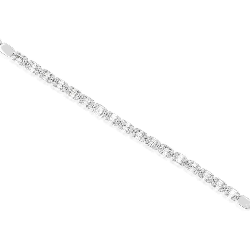 14K White Gold Diamond Bracelet with Alternating Round Cluster and Baguette/Emerald Cut Stones - 0.73 Carat Total Diamond Weight - Royal Jewelry