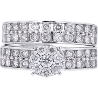 14K White Gold Diamond Bridal Set with Cluster Halo Engagement Ring and Matching Band - 1.55 Carat Total Diamond Weight