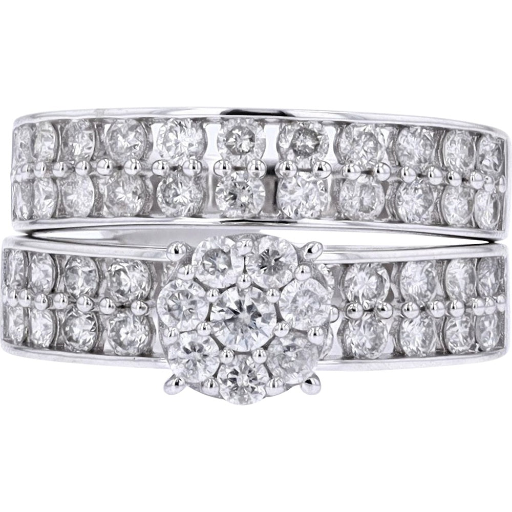 14K White Gold Diamond Bridal Set with Cluster Halo Engagement Ring and Matching Band - 1.55 Carat Total Diamond Weight
