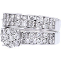 14K White Gold Diamond Bridal Set with Cluster Halo Engagement Ring and Matching Band - 1.55 Carat Total Diamond Weight