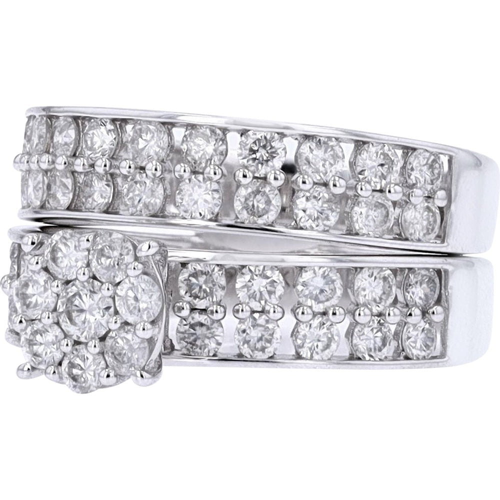 14K White Gold Diamond Bridal Set with Cluster Halo Engagement Ring and Matching Band - 1.55 Carat Total Diamond Weight