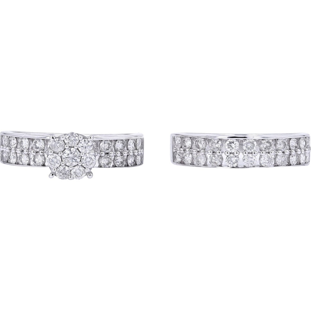 14K White Gold Diamond Bridal Set with Cluster Halo Engagement Ring and Matching Band - 1.55 Carat Total Diamond Weight