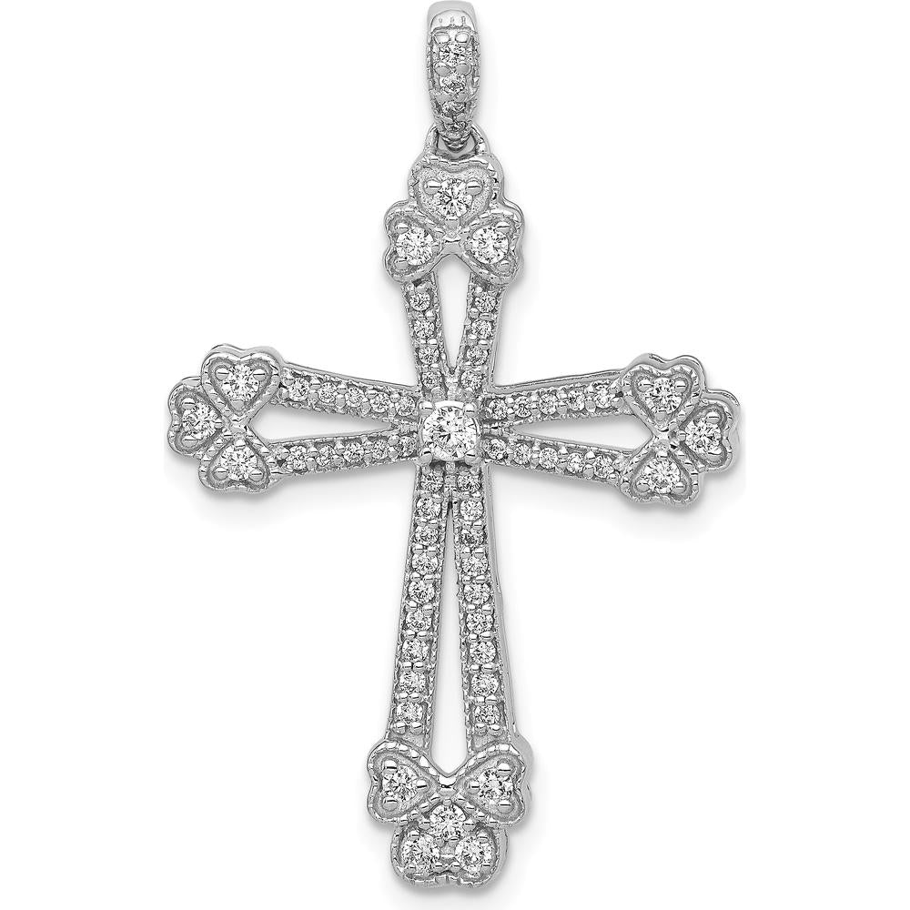 14K White Gold Diamond Budded Cross Pendant with 0.1 Carat Round Diamonds by Monteluci Fine Jewelry