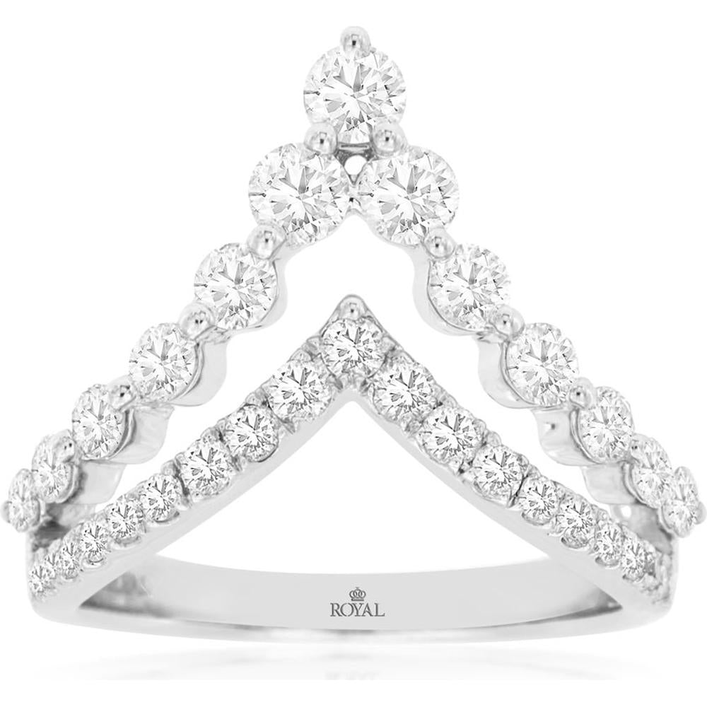 14K White Gold Diamond Chevron Ring with Prong Set Round Diamonds - 1.31 Carat Total Diamond Weight - Royal Jewelry