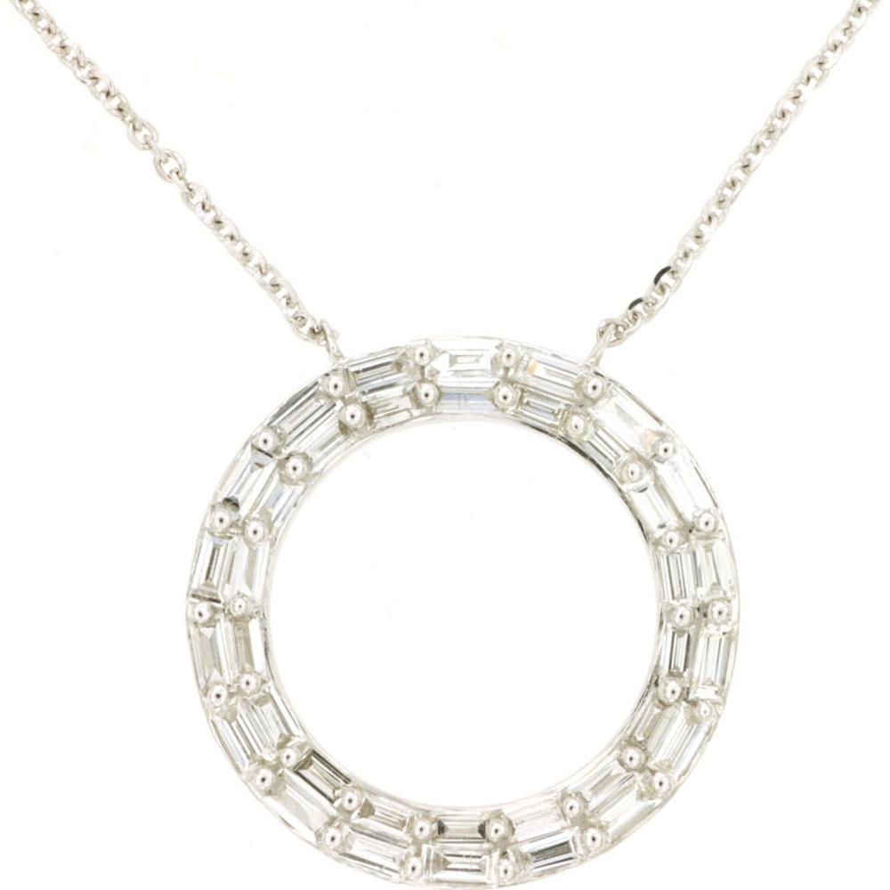 14K White Gold Diamond Circle Necklace with Baguette and Round Diamonds - 0.75 Carats Total Diamond Weight