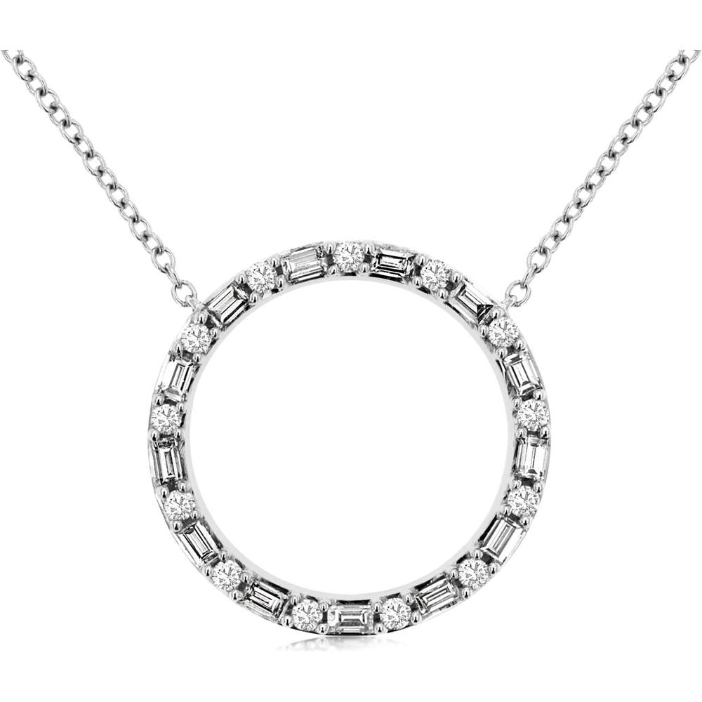 14K White Gold Diamond Circle Necklace with Round and Baguette Diamonds - 0.50 Carats Total Diamond Weight