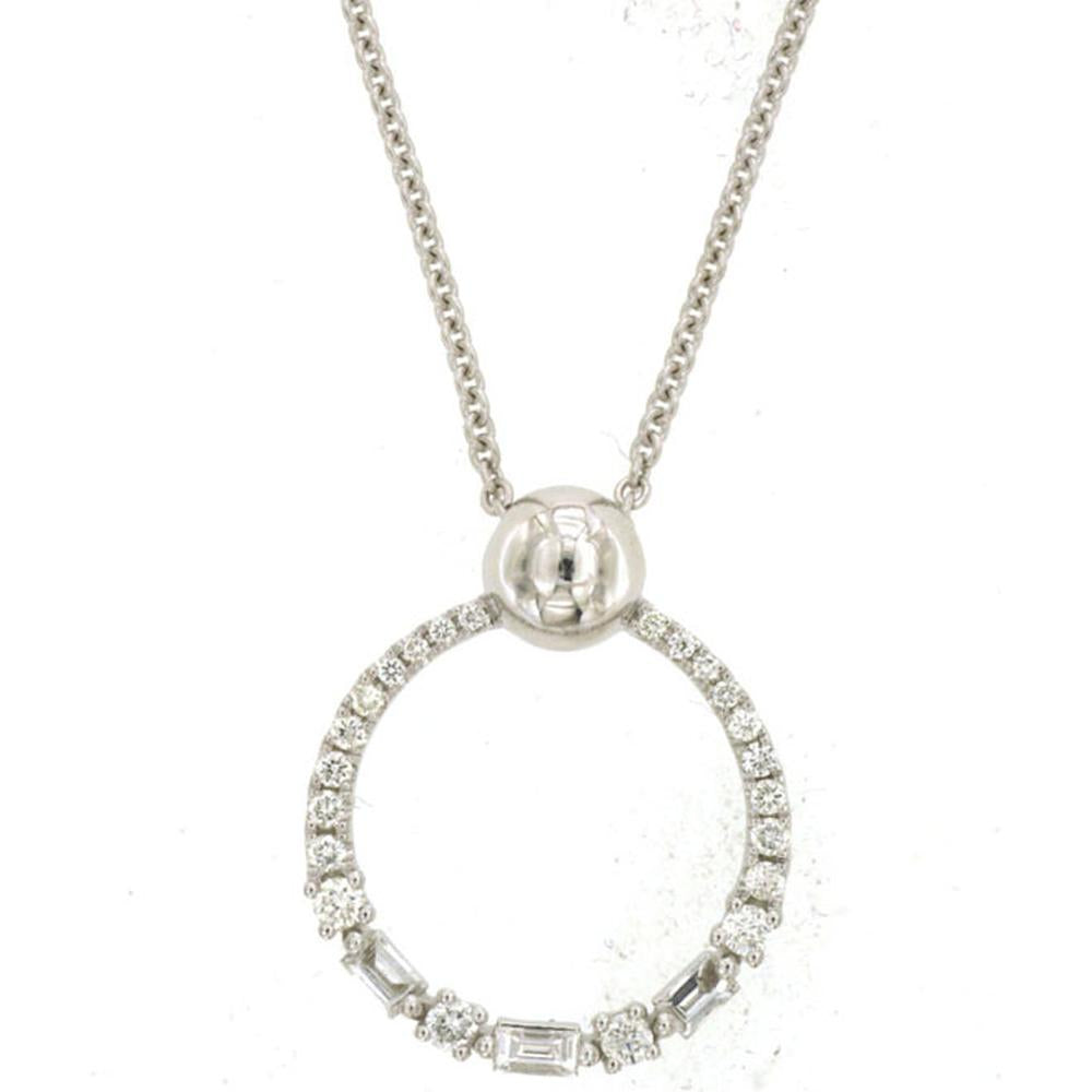 14K White Gold Diamond Circle Pendant Necklace with Round Brilliant and Baguette Diamonds - 0.24 Carats Total Diamond Weight