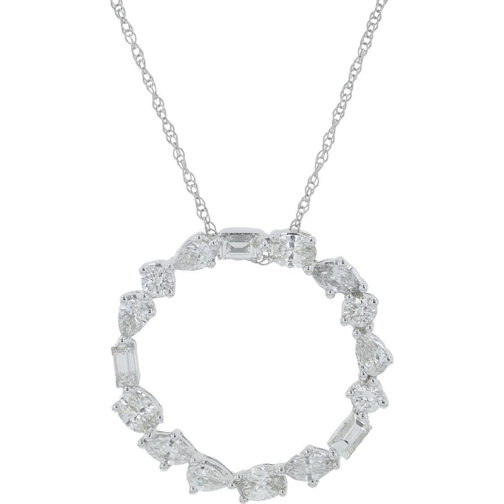 14K White Gold Diamond Circle Pendant with Mixed Cut Diamonds - 1.00 Carat Total Diamond Weight