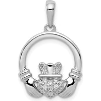 14K White Gold Diamond Claddagh Circle Pendant with 9 Round Diamonds - 0.0178 Carat Total Diamond Weight by Monteluci Fine Jewelry