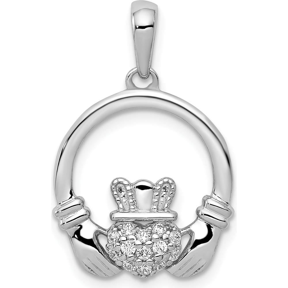 14K White Gold Diamond Claddagh Circle Pendant with 9 Round Diamonds - 0.0178 Carat Total Diamond Weight by Monteluci Fine Jewelry