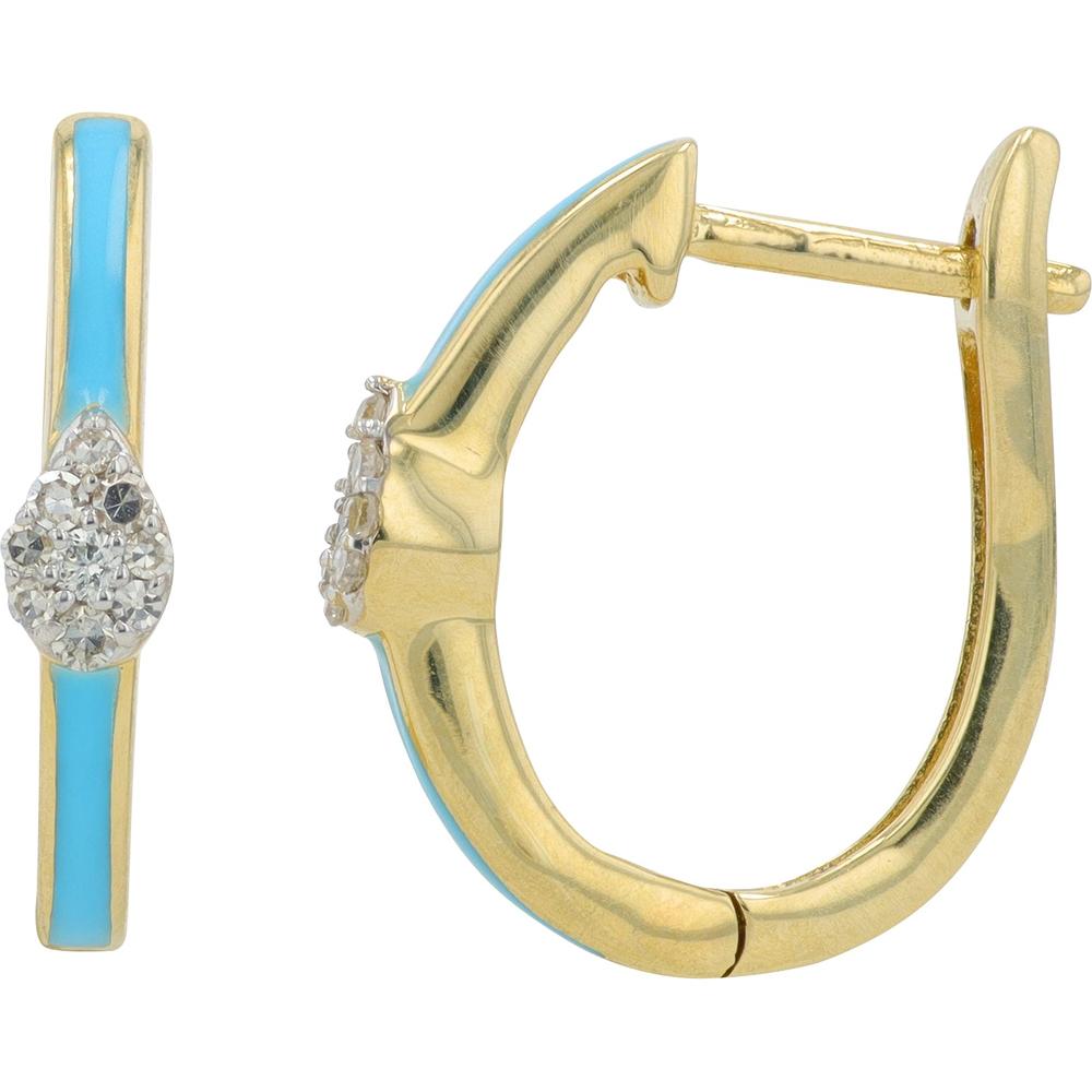 14K White Gold Diamond Cluster & Blue Enamel Hoop Earrings - 0.10 Carat Total Diamond Weight