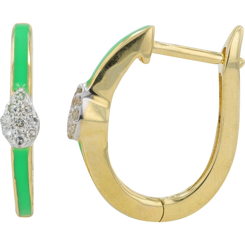 14K White Gold Diamond Cluster & Green Enamel Hoops - 0.10 Carat Total Diamond Weight