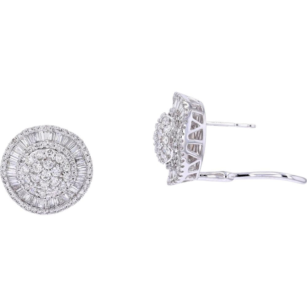 14K White Gold Diamond Cluster Earrings with Round and Baguette Diamonds - 2.00 Carat Total Diamond Weight
